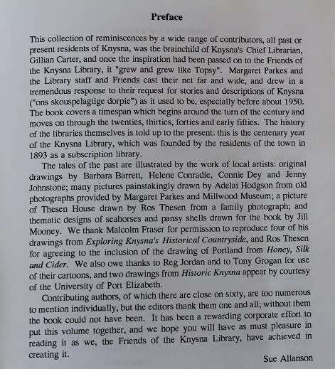 Memories of Knysna compiled and edited by S. Allanson, M. Parkes and Vicky Williams.