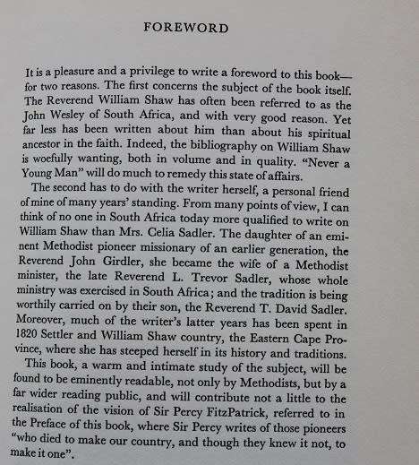 Never a Young Man Rev. William Shaw compiled by Celia Sadler. Eastern Cape Settlers History
