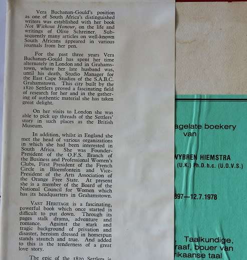 Vast Heritage by Vera Buchanan-Gould. Historic novel set amongst the Eastern Cape 1820 Settlers.