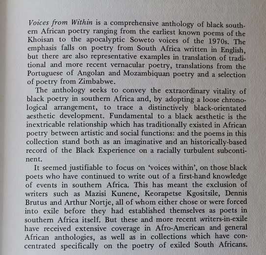 Voices from within edited by M. Chapman and Achmat Dangor. Black poetry from Southern Africa