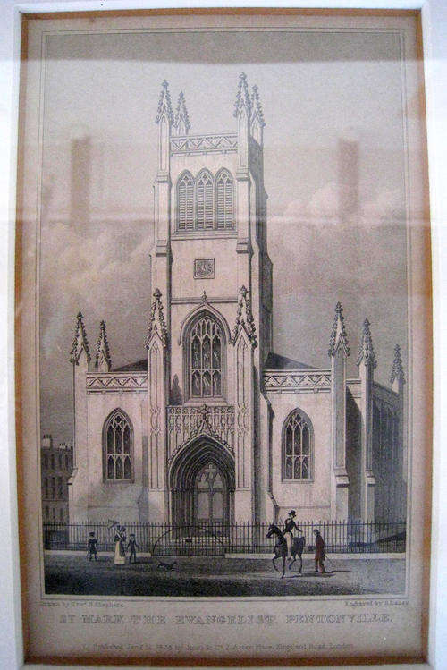 ANTIQUE FRAMED ENGRAVING of 'ST MARK THE EVANGELIST, PENTONVILLE' - 1828