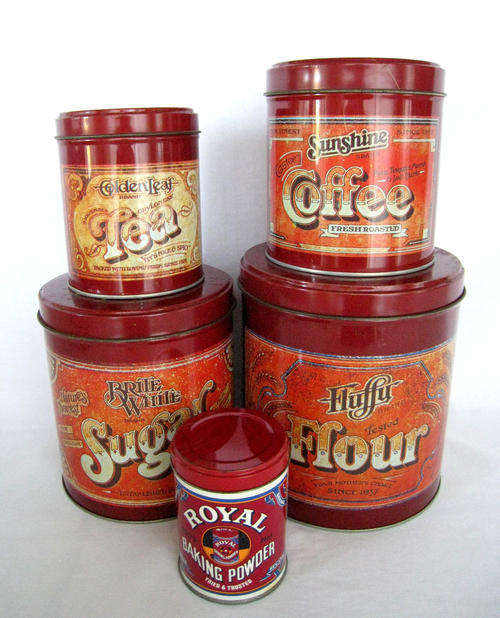 SET of 4 CANISTER TINS - 1980's & ROYAL BAKING POWDER TIN - 200gr