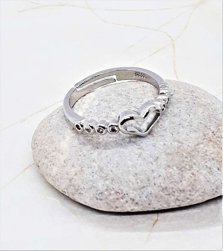 Adjustable Sweet Open-heart and Cubic Zirconia Sterling Silver Ring
