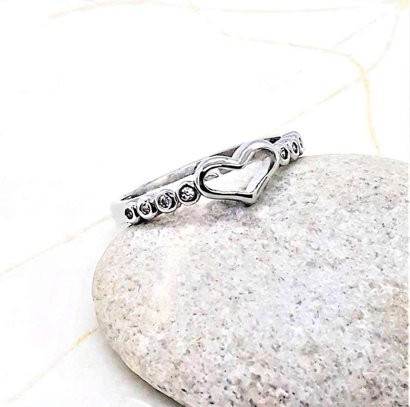 Adjustable Sweet Open-heart and Cubic Zirconia Sterling Silver Ring