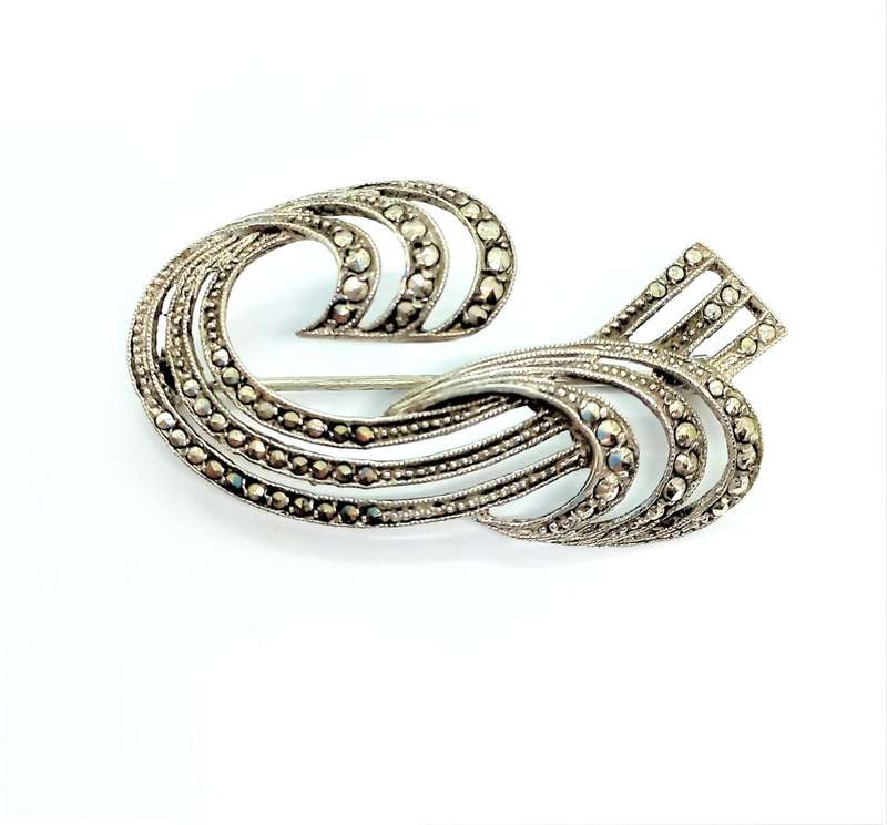 Art Deco Sterling Silver Marcasite Brooch in Original  Box