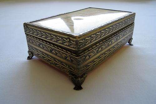BRASS JEWELLERY BOX with NEEDLEPOINT DECORATION