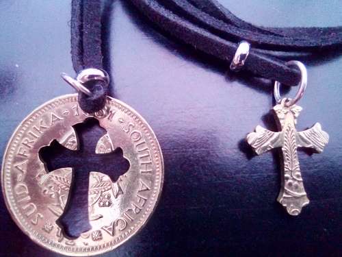 UNIQUE South African 1/2c coin cross pendants