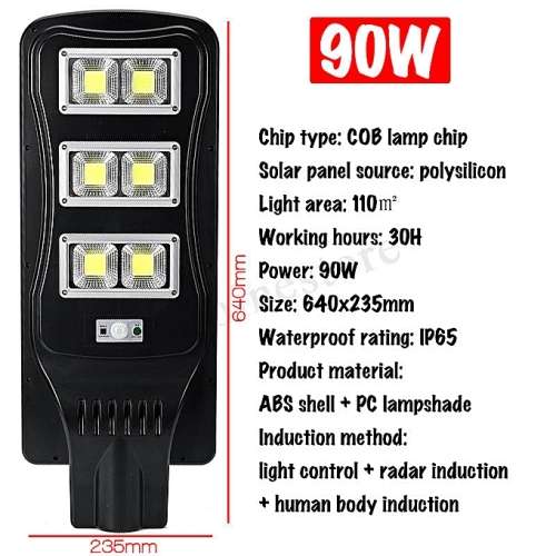 90W LED Solar Power Street Light, PIR Motion Sensor, Waterproof, Night Sensor with Remote