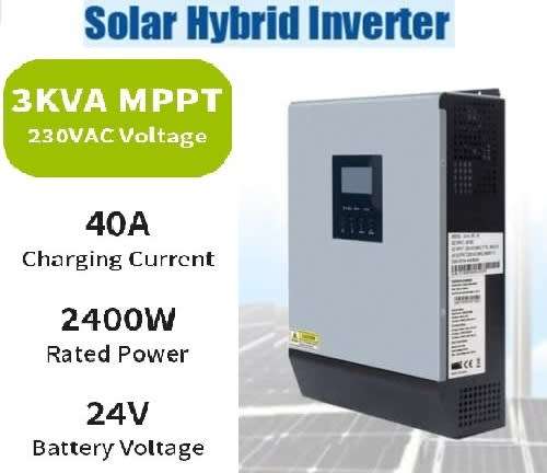 3KVA Pure SineWave Hybrid Inverter with 40Amp MPPT Built In Solar Charge Controller - 24Volts