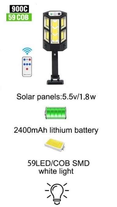 900C 59COB Solar Wall/Street Light with Remote Control - 120° Wide Angle - Motion Sensor - 3 Modes