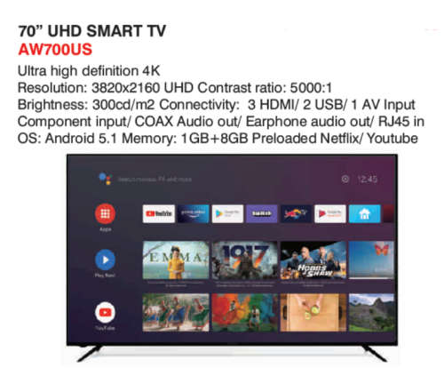 Massive Aiwa 70 UHD Smart TV - 4K - Preloaded Netflix and Youtube - Android 5.1