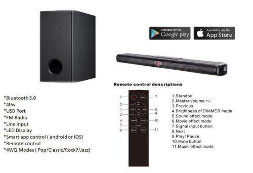 Telefunken 2.1ch Soundbar with Wireless Subwoofer and Remote Control