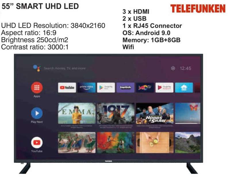 Telefunken 55` UHD Smart LED TV - 140cm - Android 9.0 - Wifi - USB