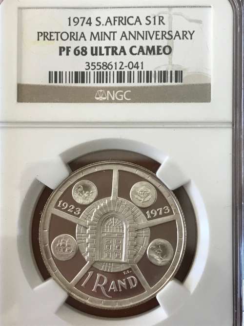 1974 Silver R1 Pretoria Mint Anniversary PF 68 Ultra Cameo
