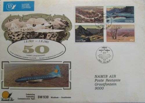 AVIATION - NAMIB AIR FLIGHT COVER # 13 1981 SW930 50 YEARS WINDHOEK - GROOTFONTEIN