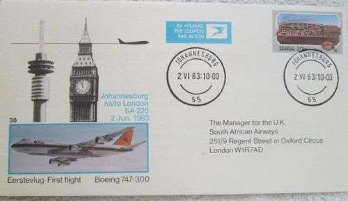 RSA SAA COVER NO 38 DATED 261983 FIRST FLIGHT BOEING 747-300 JOHANNESBURGLONDON