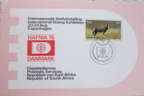 RSA 1976 HAFNIA 76 DANMARK EXHIBITION DATE STAMP CARD WITH 15c COM STAMP