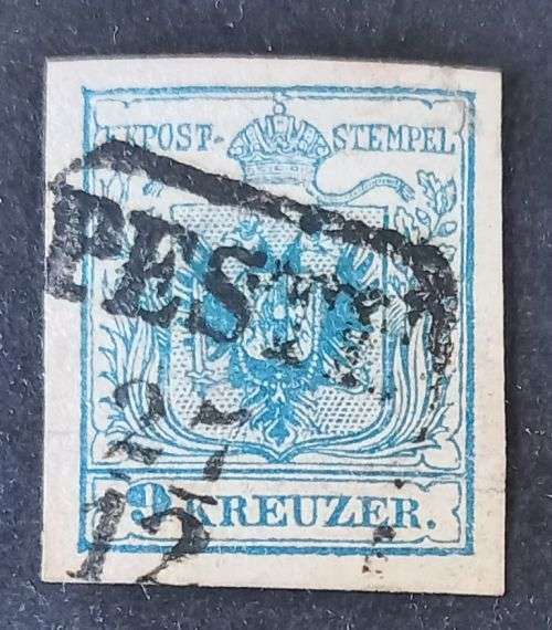 Austria - 1850 Coat of Arms - Hand-made Paper - 9 Kreuzer Used