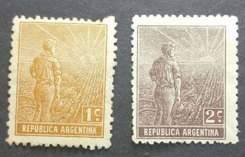 Argentina  1911 Farmer and Rising Sun - Different Watermark 1 and 2c unused