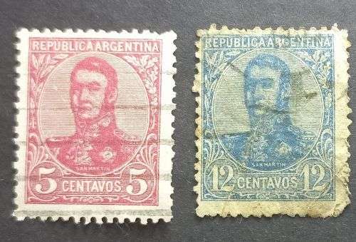 Argentina 1908 -1909 General San Martin - Watermark 3,4 or Unwatermarked 5 and 12c Used