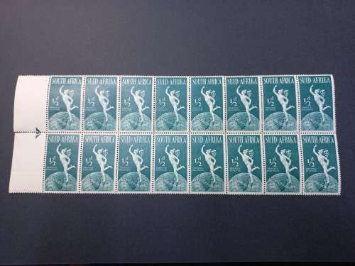 Union of South Africa 1949 The 75th Anniversary of U.P.U 1/2d Arrow block of 16 MNH