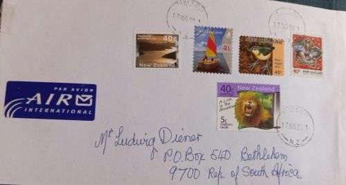 Airmail envelope from New Zealand with stamps from 1999