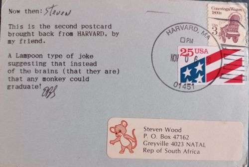 USA 1990 Postcard with Conestoga Wagon and American 25c Plastic flag Clear Harvard cancellation