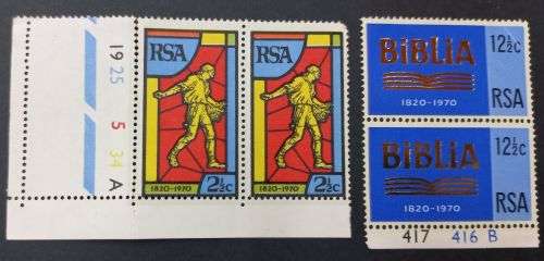 RSA 1970 The 150th Anniversary of Bible Society of South Africa Set of 2 pairs MNH