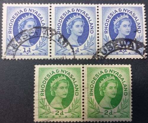 Rhodesia and Nyasaland 1954 Queen Elizabeth II 1d & 2d pair and triple used