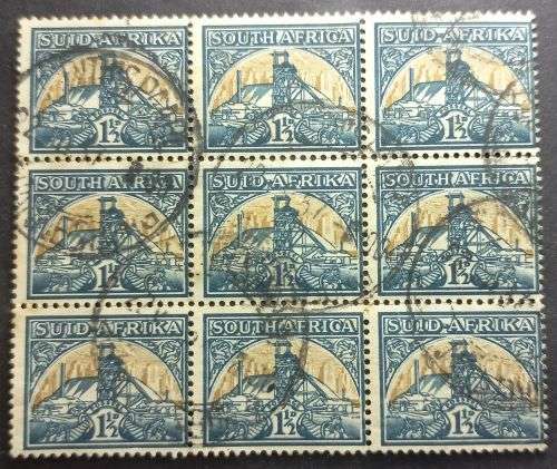 Union of South Africa 11/2d 1941 Local Motives - Goldmine Block of 9 used