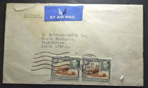 Uganda, Kenya Tanganyika  1938 10c pair on envelope