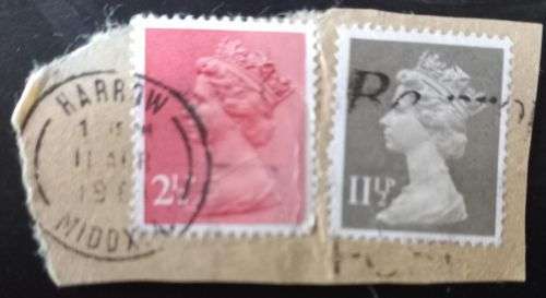 Great Britain 1971 21/2p & 1981 111/2p on piece postmarked Harrow.