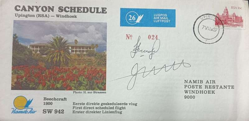 AVIATION 1987 NAMIB AIR FLIGHT COVER # 26 - UPINGTON - WINDHOEK - SIGNED BY 2