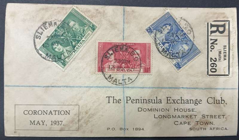 Malta King George V1 Coronation cover to Cape Town Registered