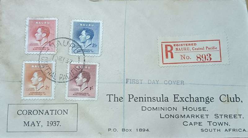 Nauru 1937 Coronation of King George V1 on FDC Nauru to Cape Town