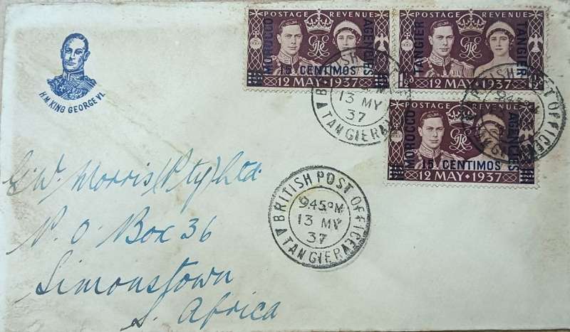 Tangier 1937 Coronation of King George V1 on FDC Tangier to Cape Town