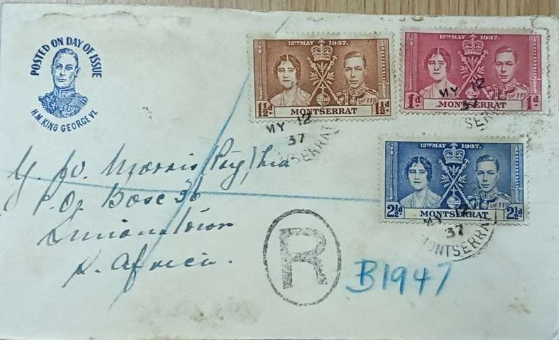 Monserrat 1937 Coronation of King George V1 on FDC Monserrat to Simonstown, South Africa