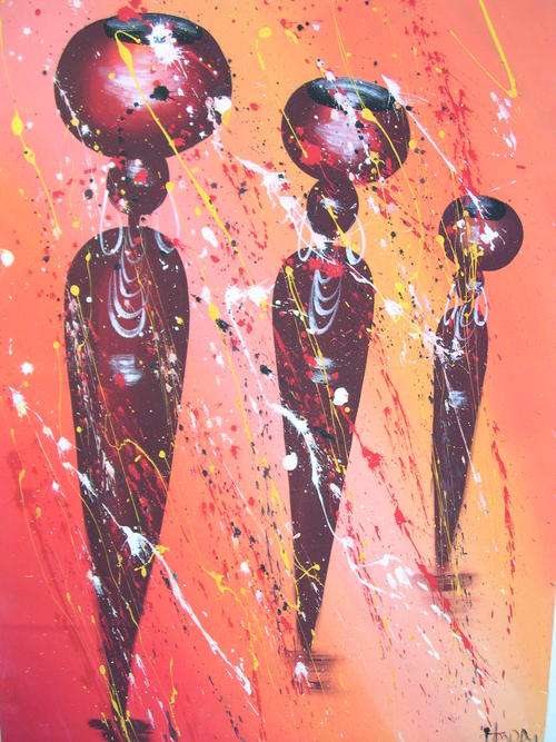 Original Acrylic Painting on Canvas 3 African Figures with bowls balancing
