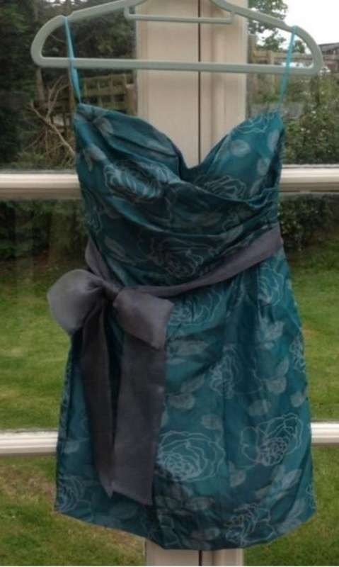 GORGEOUS sea green dress with silver flowers and sash - size 12.  Normal RRP:  R1250.00.