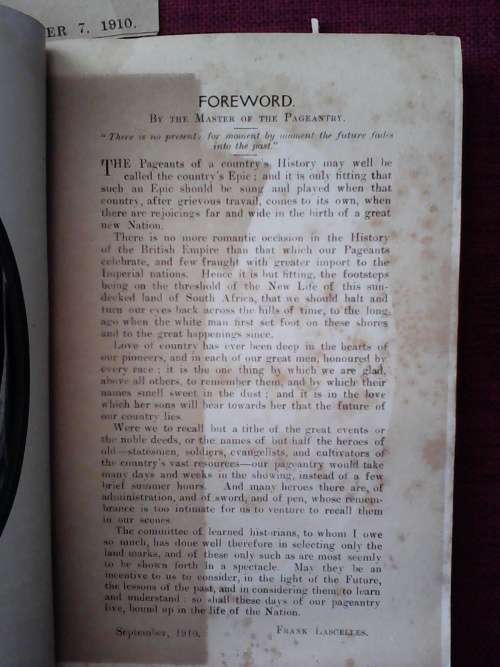 Historical Sketch and Description of Pageant on Occasion of Parliament Opening 1910. S/C. 108 pp.