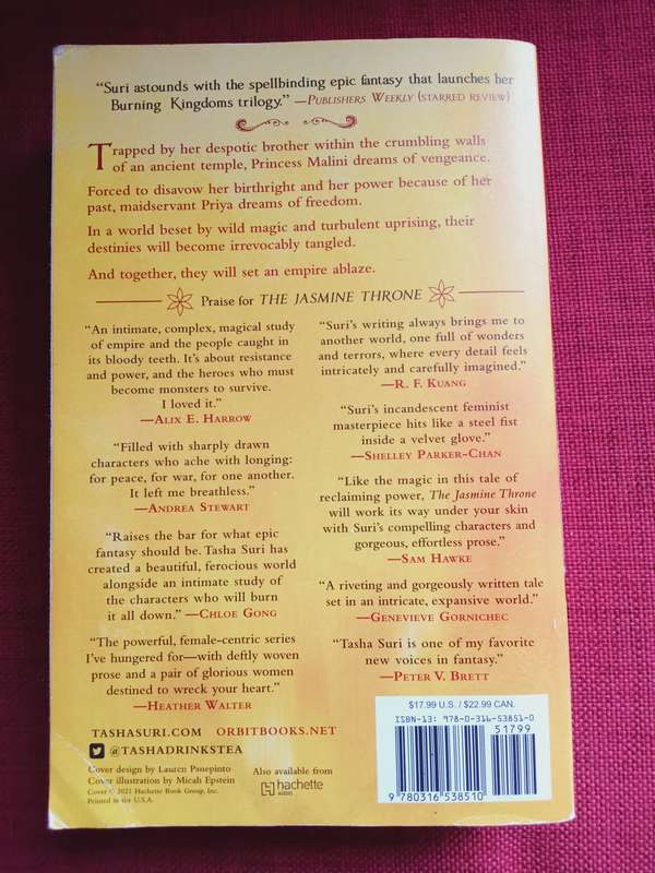 The Jasmine Throne, by Tasha Suri. Book One. 1st edition 2021. S/C. 563 pp.