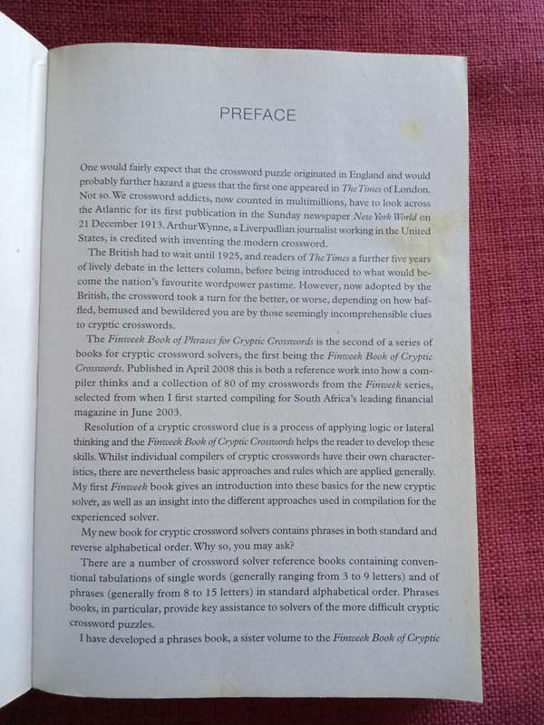 Finweek Book of Phrases for Cryptic Crosswords, Standard and Reverse, by Jack Dunwoody. 2008. S/C.