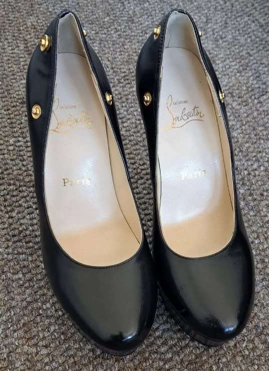 Ladies girls female black high heel shoes red soles gold press stud designer Christian Louboutin