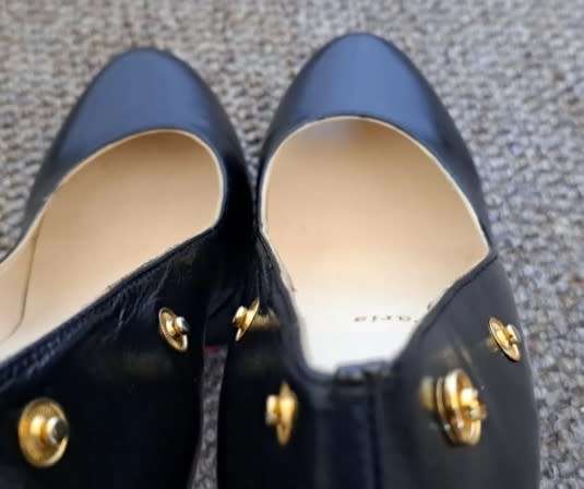 Ladies girls female black high heel shoes red soles gold press stud designer Christian Louboutin