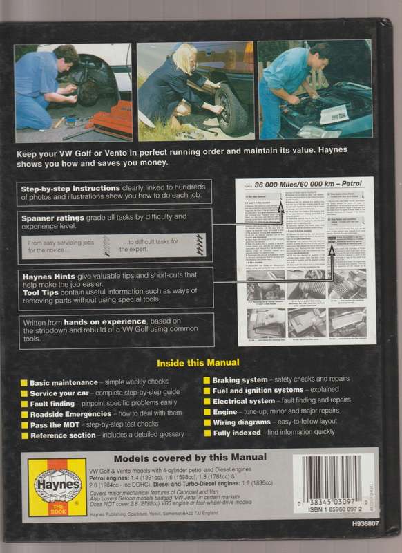 Haynes VW Golf & Vento Car manual service book & repair manual 1992 to 1996 test checks roadside