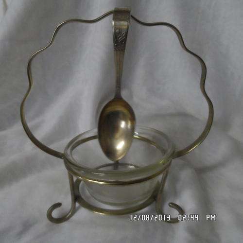 VERY NICE EPNS AND PYREX JAM STAND WITH SPOON