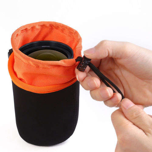 Soft Neoprene DSLR Camera Lens Pouch Set - Black + Orange inner