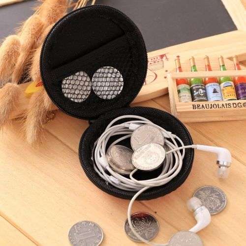 Round Portable Pocket Zipper Storage Bag For Headphone Earphone Earbuds TF SD Card