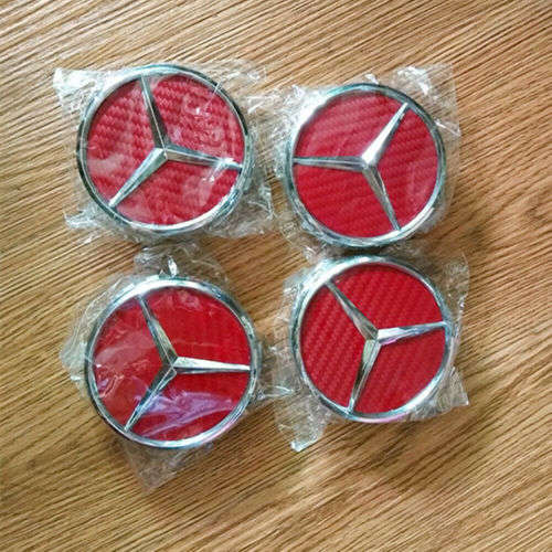 (SHOP SOILED) 4x 75mm Chrome (Red Background) Plastic Wheel Centre Cap for Mercedes Benz
