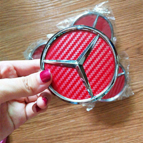 (SHOP SOILED) 4x 75mm Chrome (Red Background) Plastic Wheel Centre Cap for Mercedes Benz